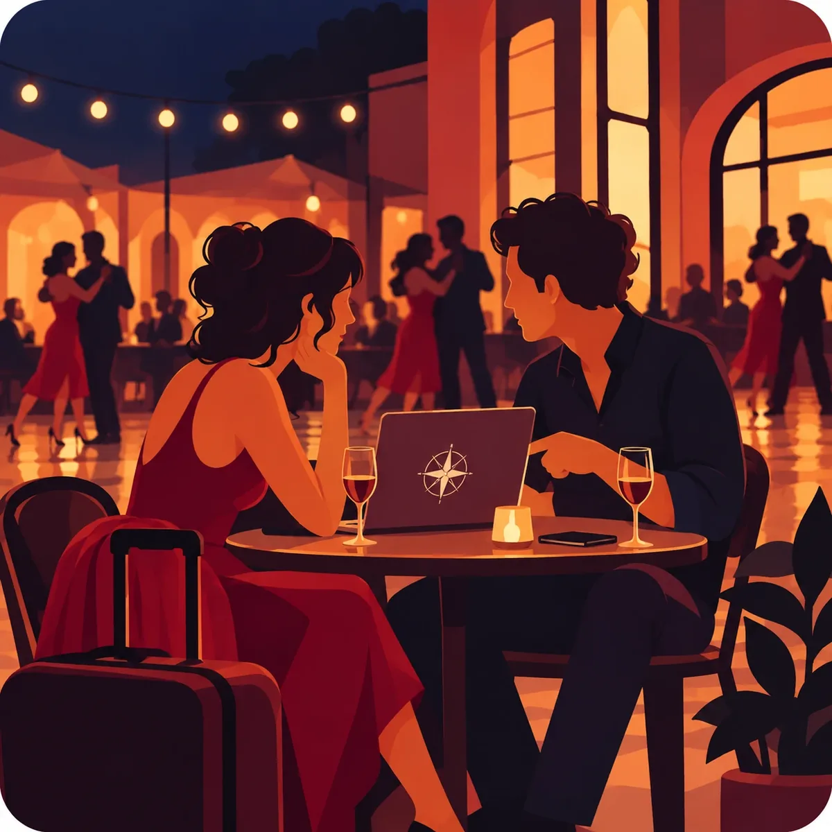 Illustration of two dancers at a candlelit table at an open-air milonga, planning a trip on a laptop with a suitcase beside them while couples dance behind