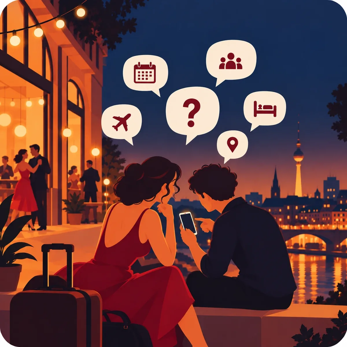 Illustration of two dancers at night checking a phone, with speech bubbles for dates, travel, accommodation, places and questions, and a city skyline behind them