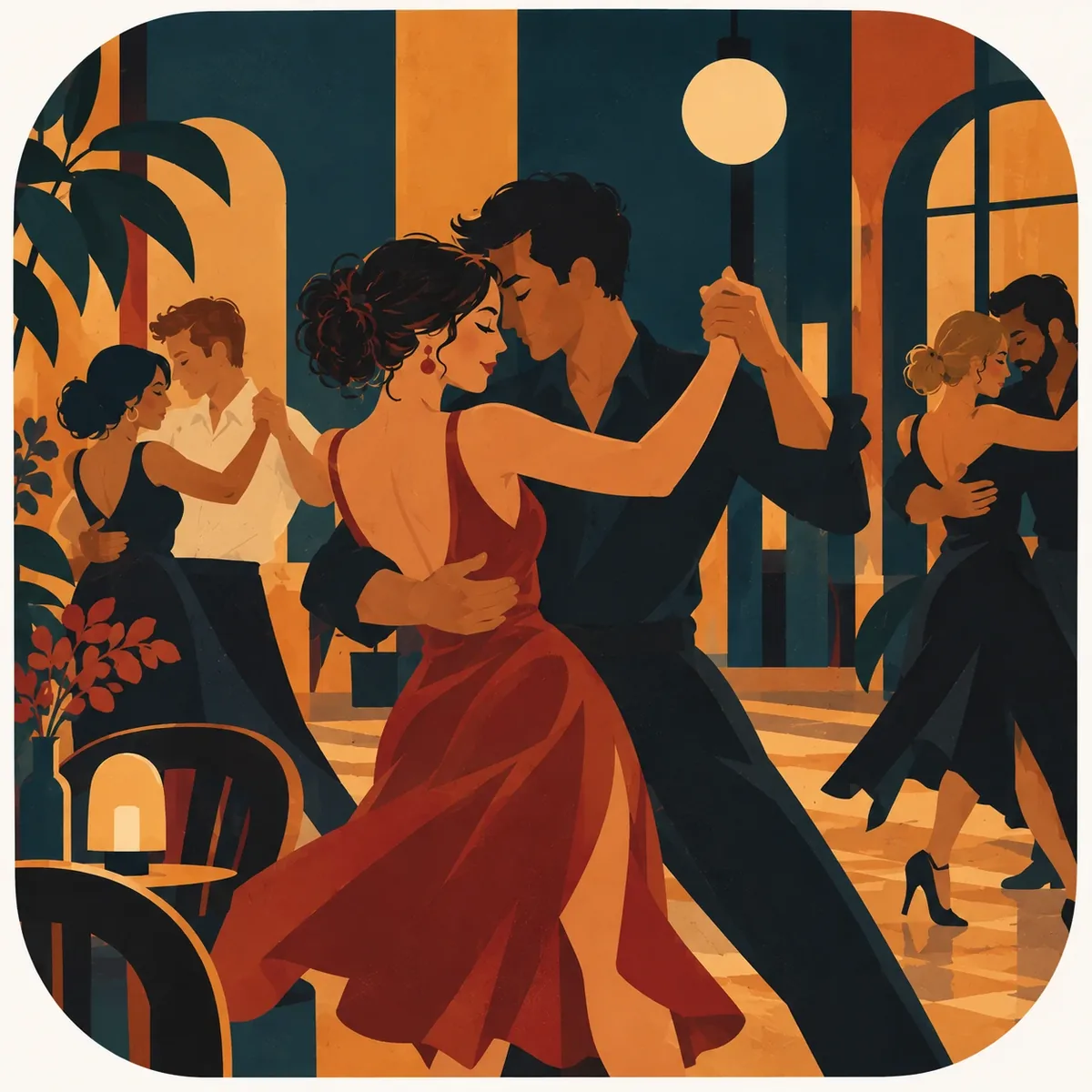 Illustration of a tango couple in an embrace on a crowded milonga floor, with other dancers and warm lamps around them