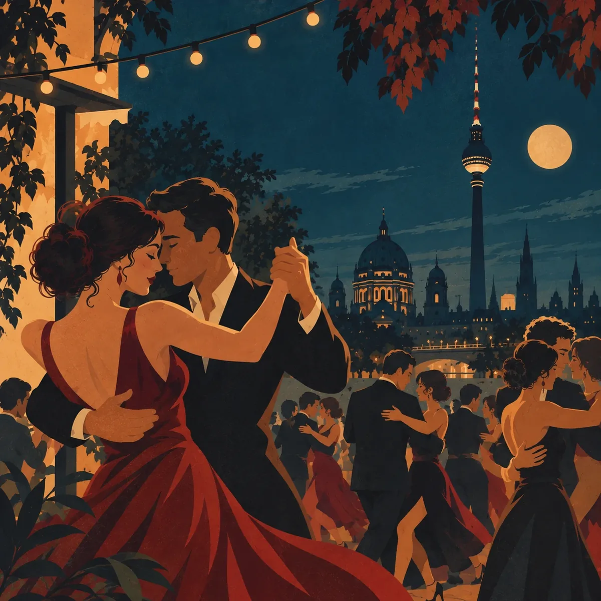Illustration of tango couples dancing at an open-air milonga at night, with the Berlin skyline and a full moon behind them