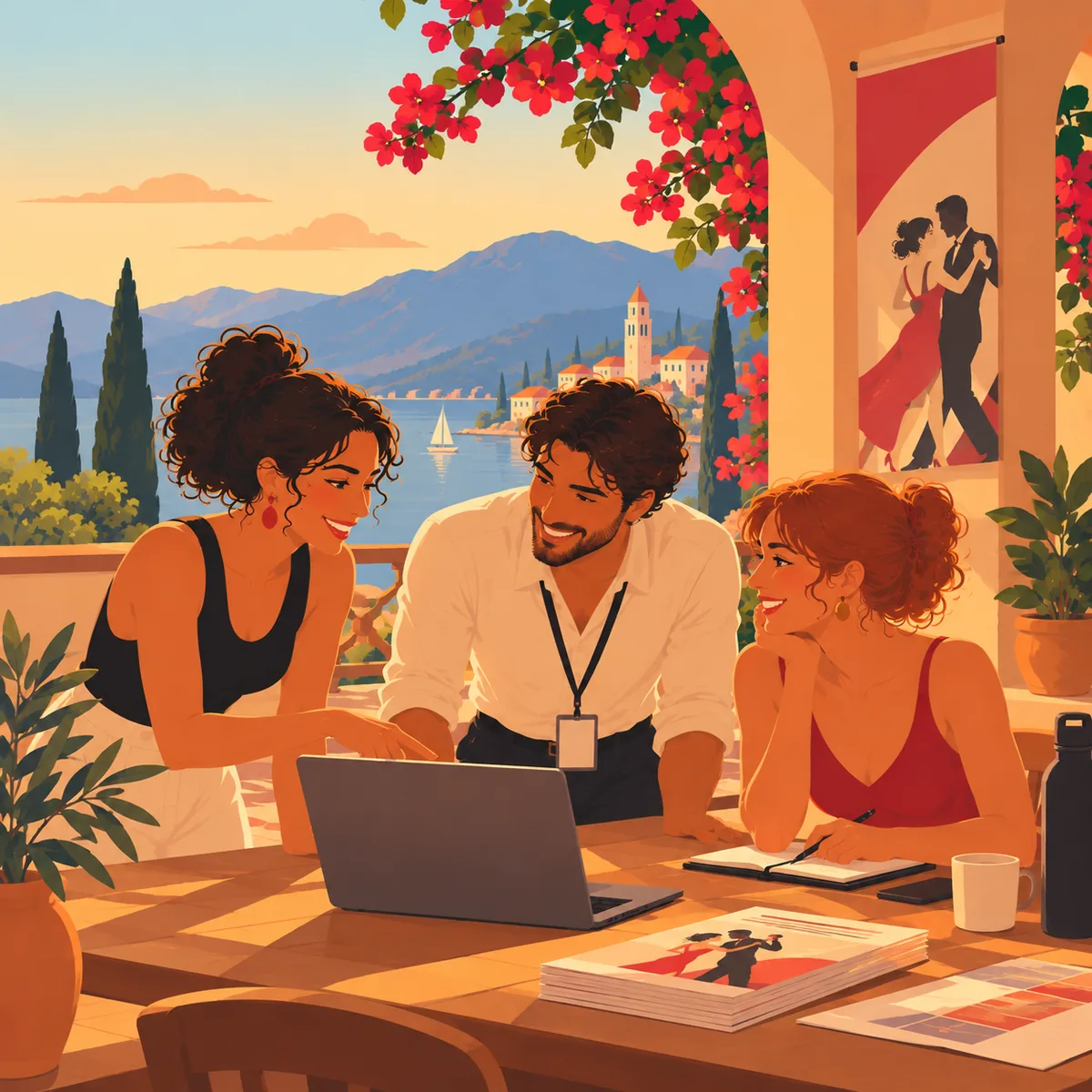 Illustration of an event team gathered around a laptop on a sunny terrace, planning a tango event with a view of a bay