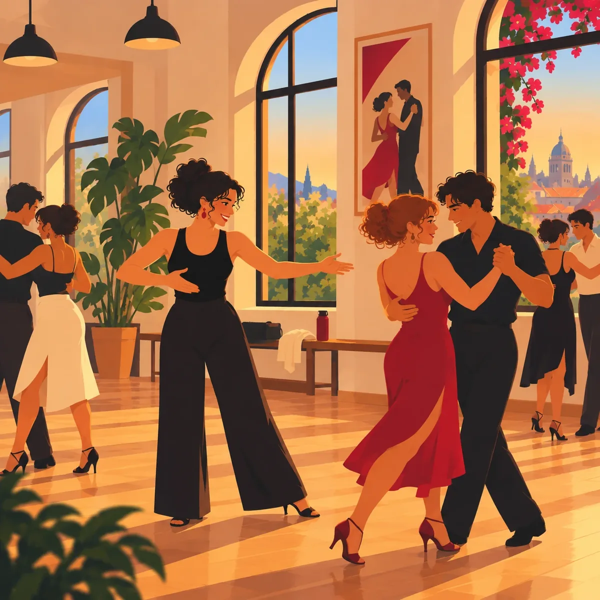 Illustration of students dancing in a bright tango school studio with arched windows and a view over the city