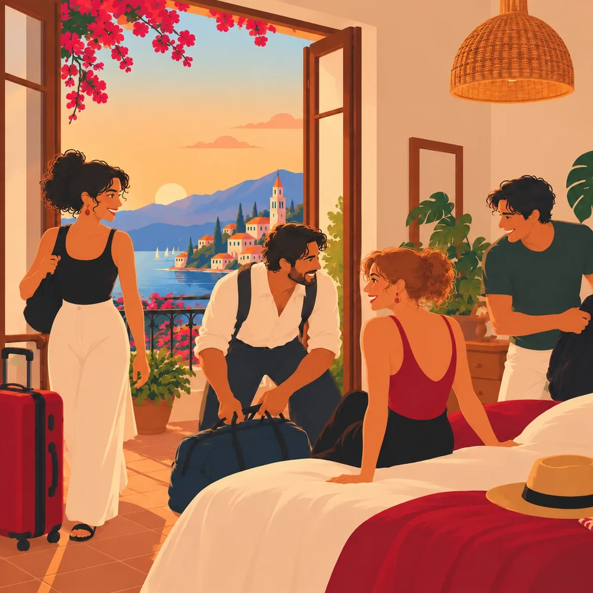 Illustration of dancers arriving with suitcases in a sunny seaside room, with a balcony view over a bay and a church tower